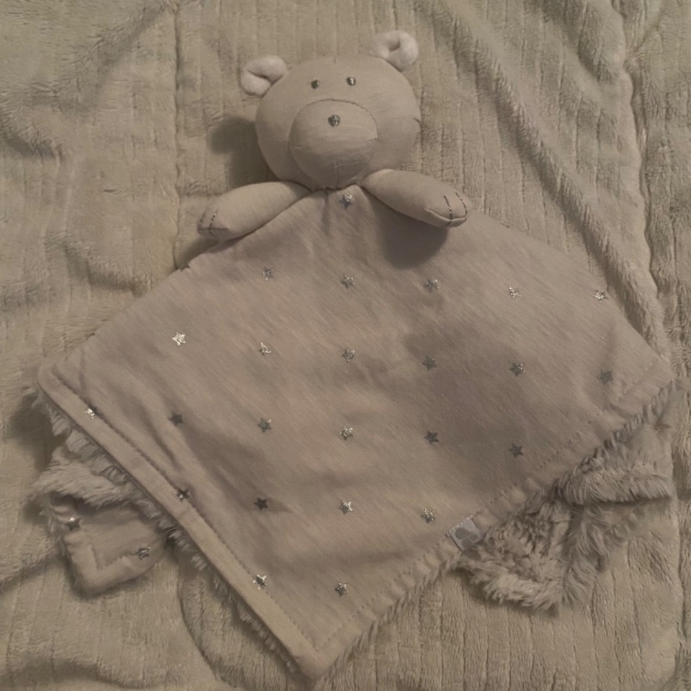 Just Born Teddy Bear Silver Stars White Grey Plush Baby Security Blanket Lovey